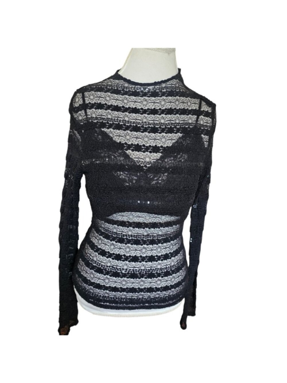 Y2K Black Sheer Mesh Lace Top Shirt Sz M Longsleeve Sequins Goth VTG - Picture 2 of 9